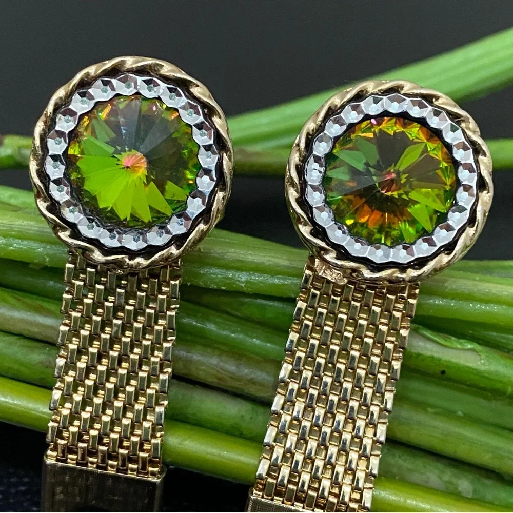Vintage HADLEY Gold-tone Watermelon Rivoli Rhinestone Mesh Wrap Cufflinks
